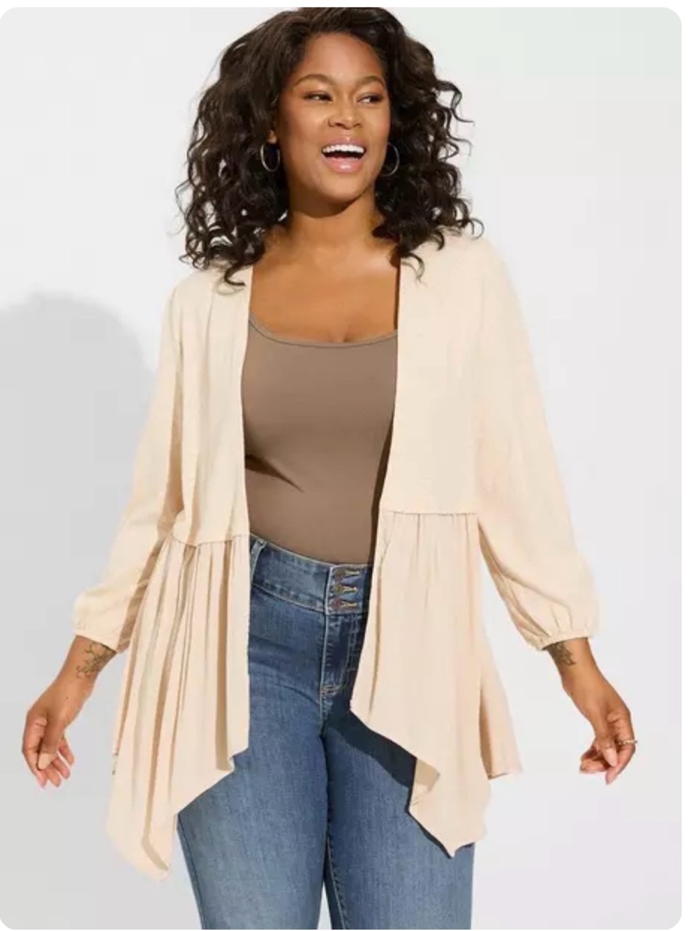 Torrid Light Cream Open Front Ruffled Cardigan hanky Hem 2X